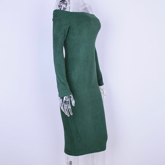 Suede Long Sleeve Off Shoulder Midi Dress in Green - Picture 3 of 7